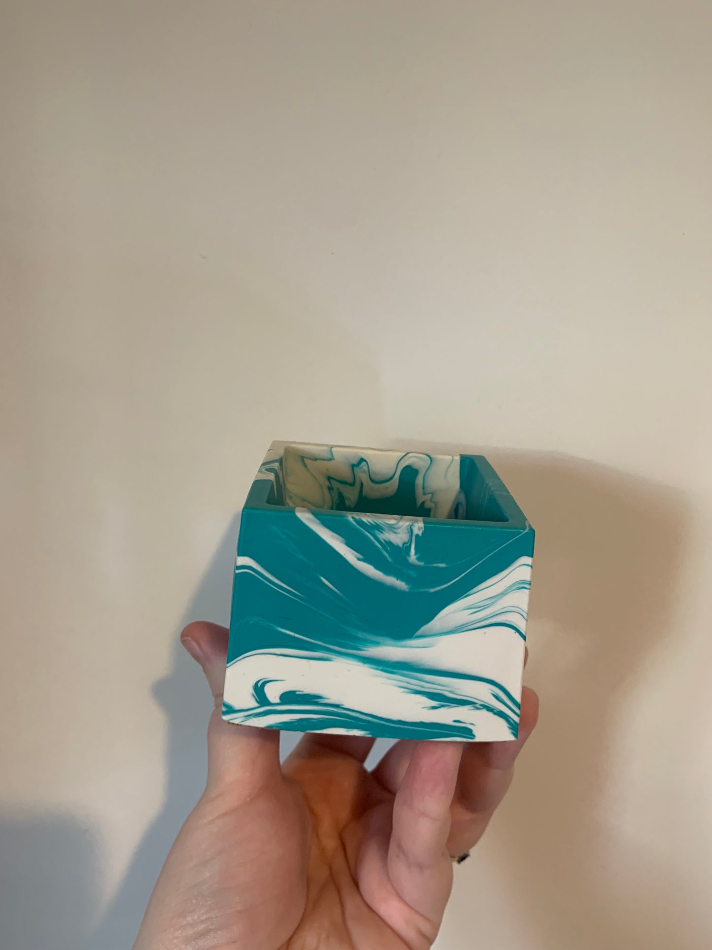 Teal and White Square Pot