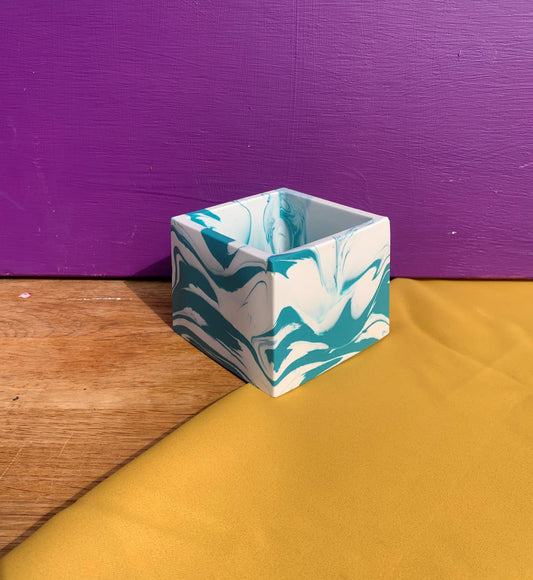 Teal and White Square Pot