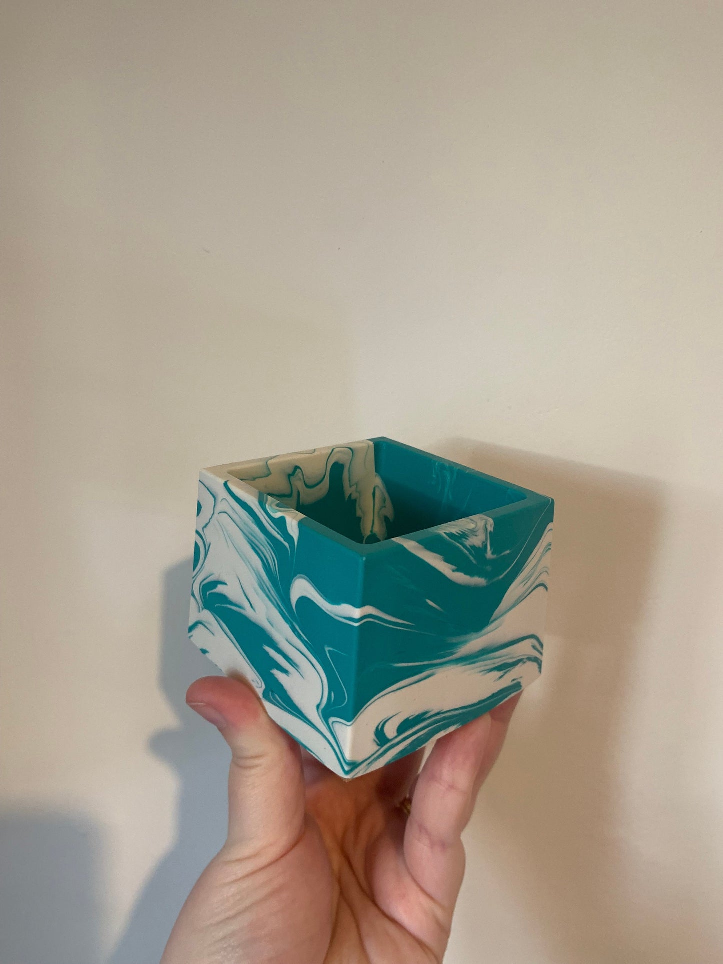 Teal and White Square Pot